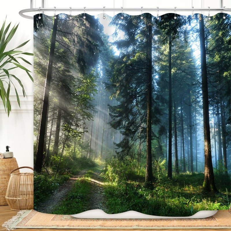 ZXMBF Trees Forest Sunlight Shower Curtain Straight Tall Trees Sunshine Attractive Nature Landscape Waterproof Fabric Bathroom Decor 72x72 Inch Green Plastic Hooks 12 PCS - Image 1
